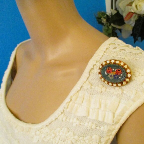 VINTAGE Italian Micromosaic Brooch: Floral Tesserae Tile Micro Mosaic Pin - Picture 7 of 14